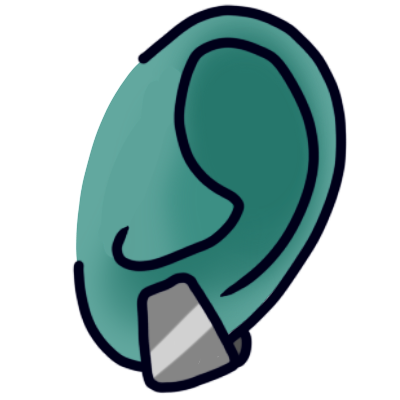 A round teal-green ear with a silver cuff-type earring.